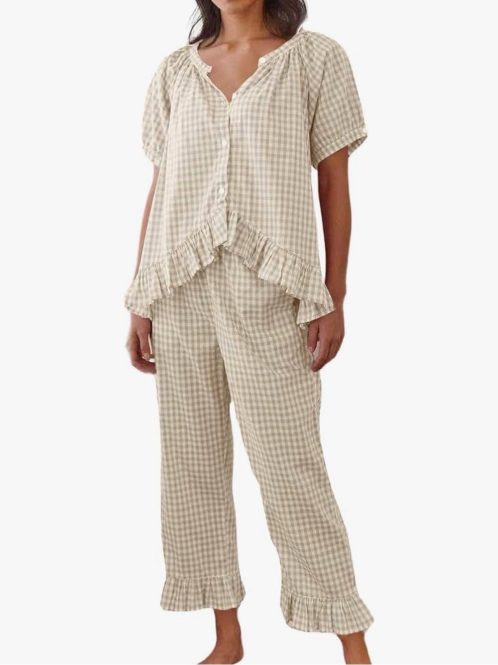 NWT Women's Beige White 2 Pc Gingham Ruffle Babydoll Pajama Set